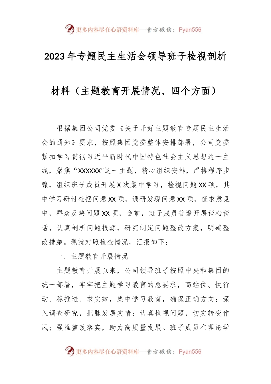 2023年专题民主生活会领导班子检视剖析材料（主题教育开展情况、四个方面）.docx_第1页