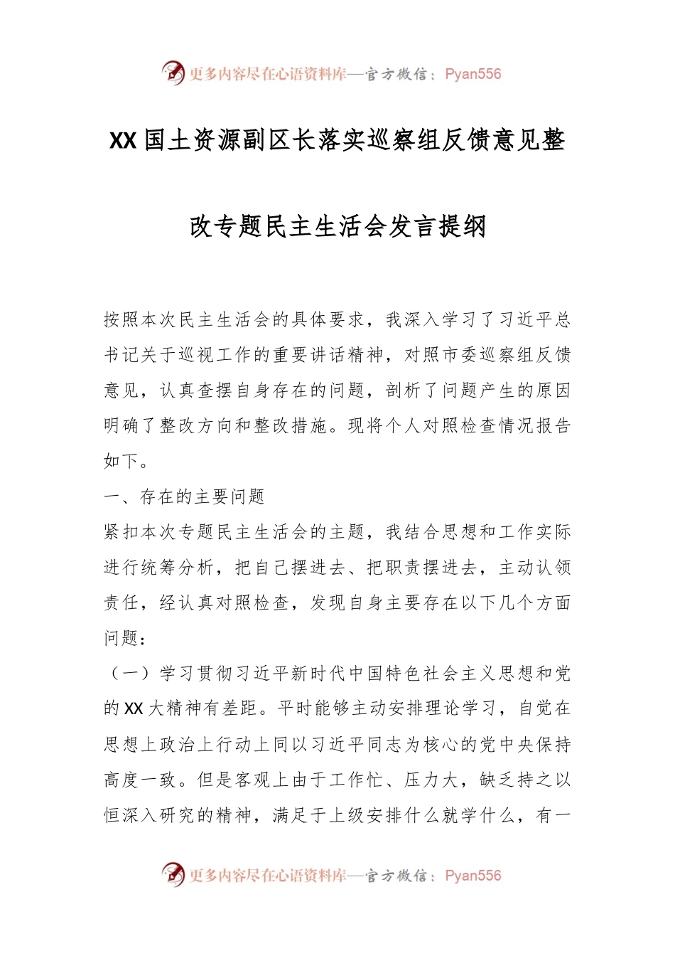 XX国土资源副区长落实巡察组反馈意见整改专题民主生活会发言提纲.docx_第1页