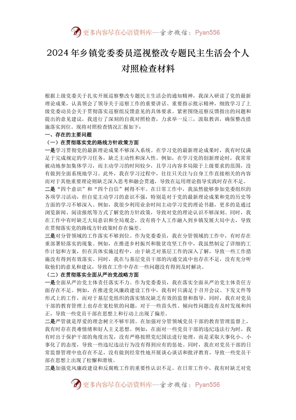 2024年乡镇党委委员巡视整改专题民主生活会个人对照检查材料.docx_第1页