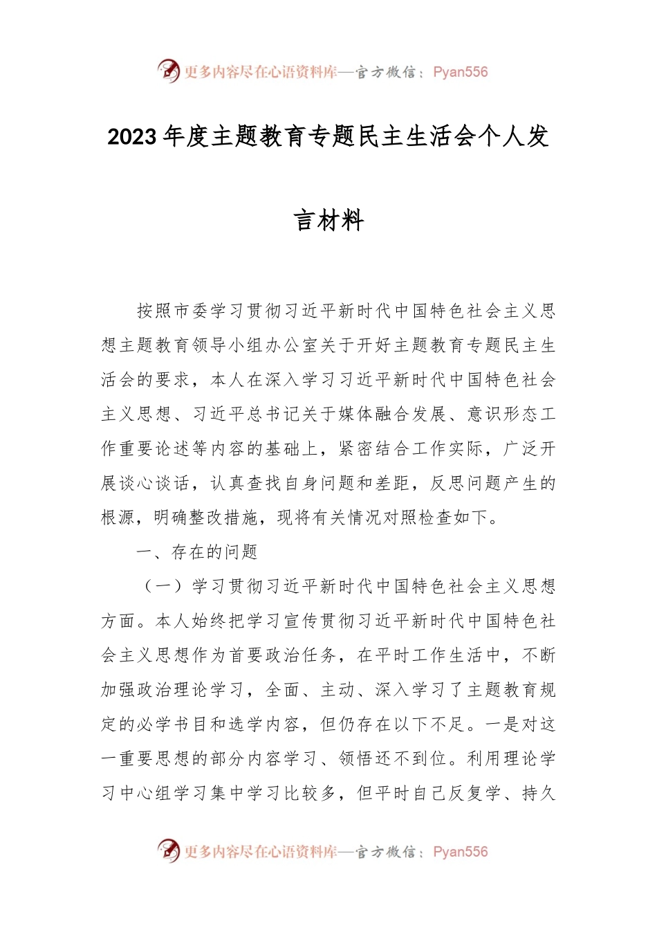 2023年度主题教育专题民主生活会个人发言稿材料.docx_第1页