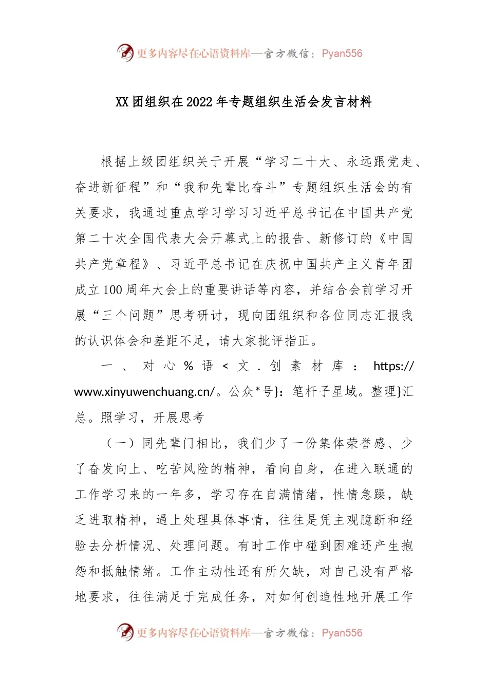 XX团组织在2022年专题组织生活会发言材料.docx_第1页