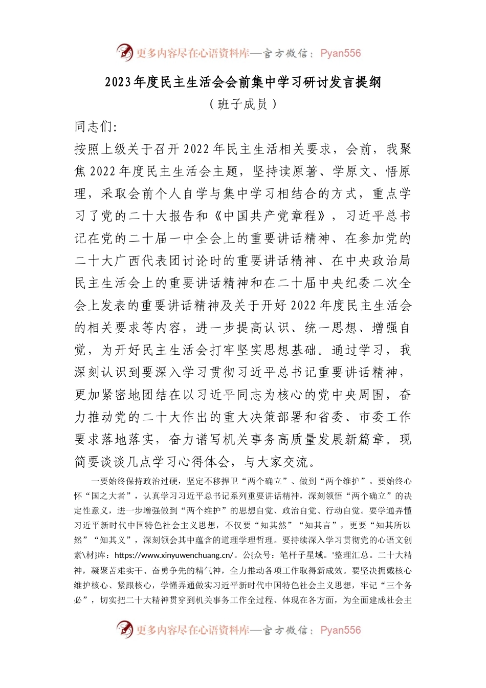 2023年度民主生活会会前集中学习研讨发言提纲（班子成员）.docx_第1页