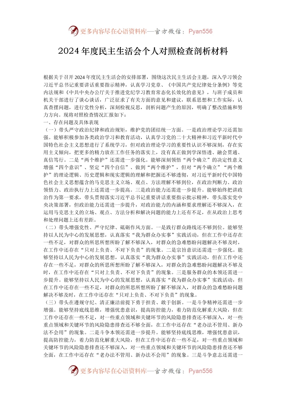2024年度民主生活会个人对照检查剖析材料.docx_第1页