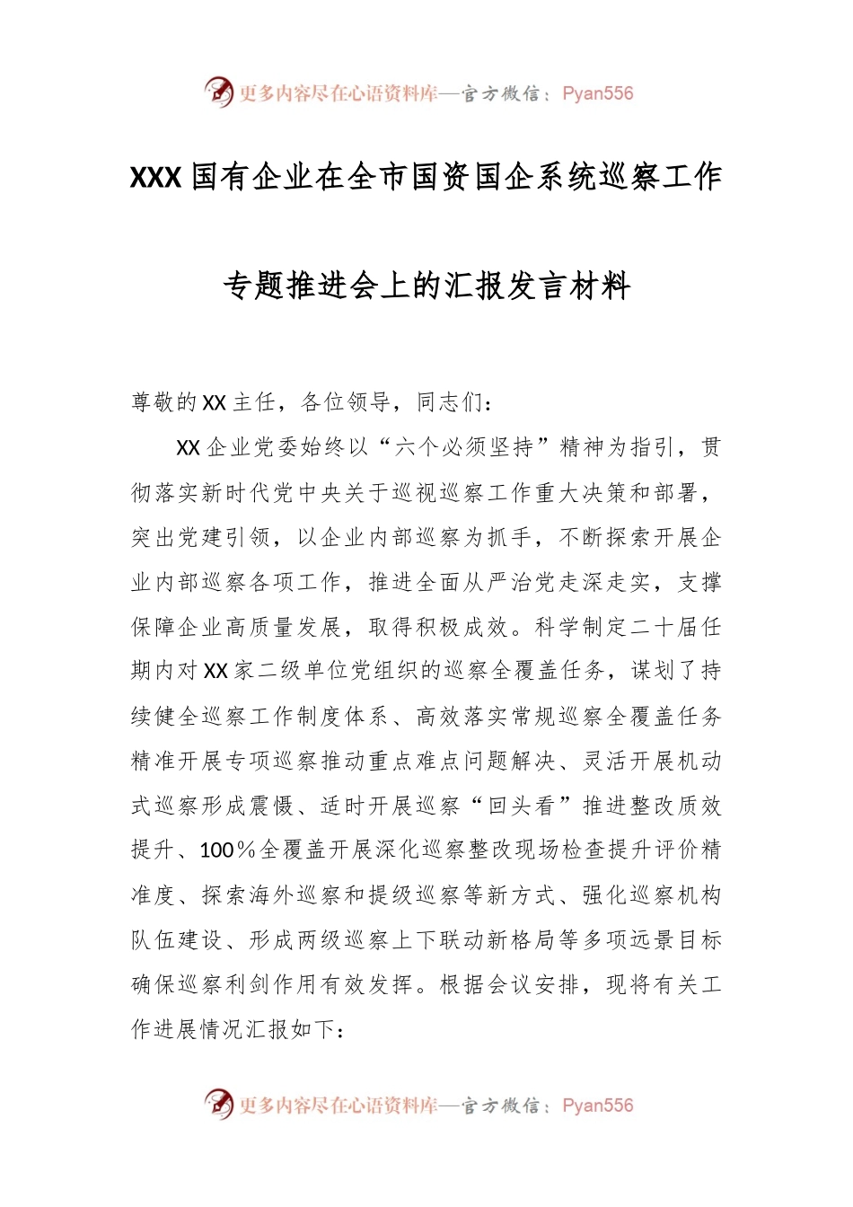 XXX国有企业在全市国资国企系统巡察工作专题推进会上的汇报发言材料.docx_第1页