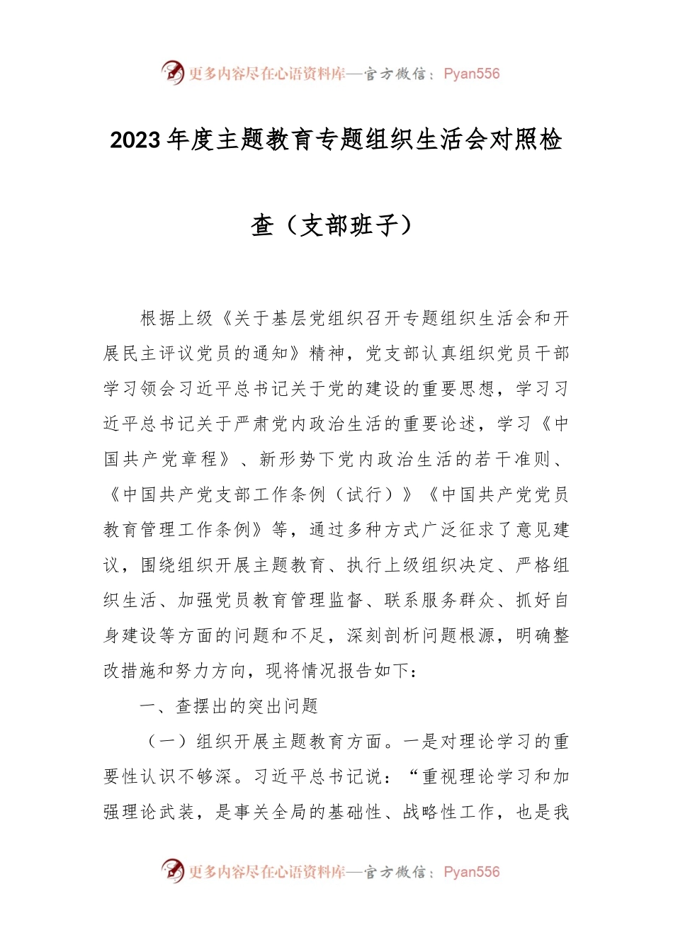 2023年度主题教育专题组织生活会对照检查（支部班子）.docx_第1页
