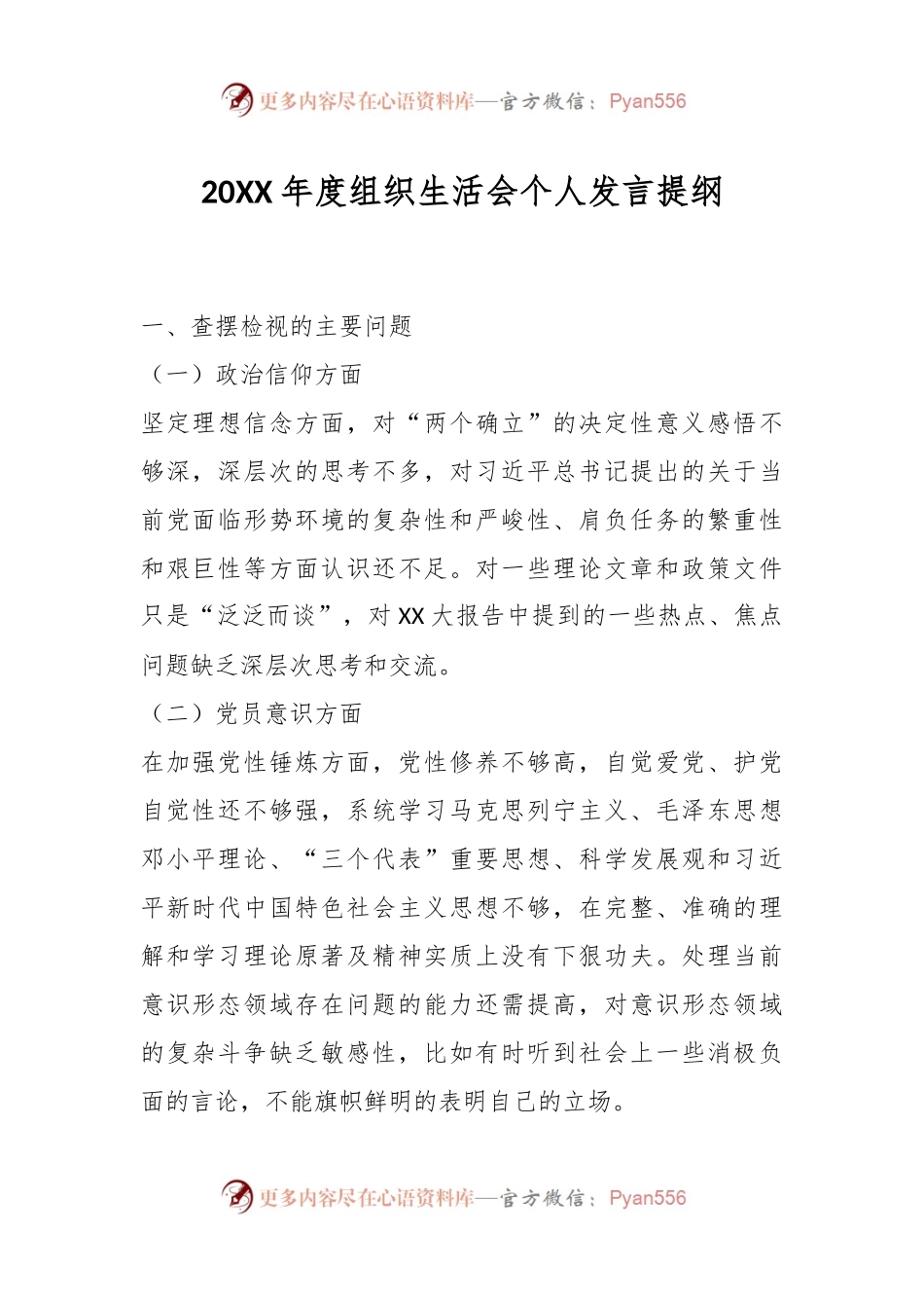 20XX年度组织生活会个人发言提纲.docx_第1页