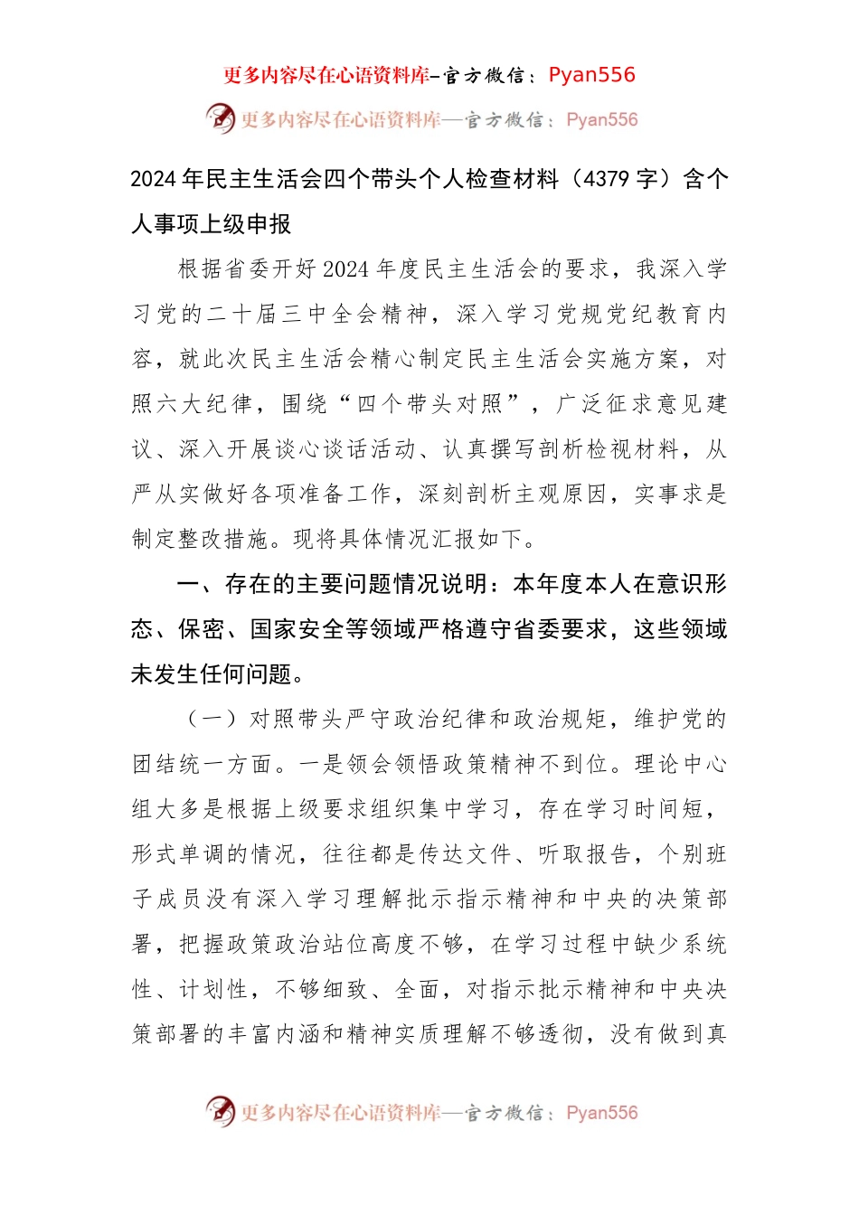 2024年民主生活会四个带头个人检查材料（4379字）含个人事项上级申报.docx_第1页