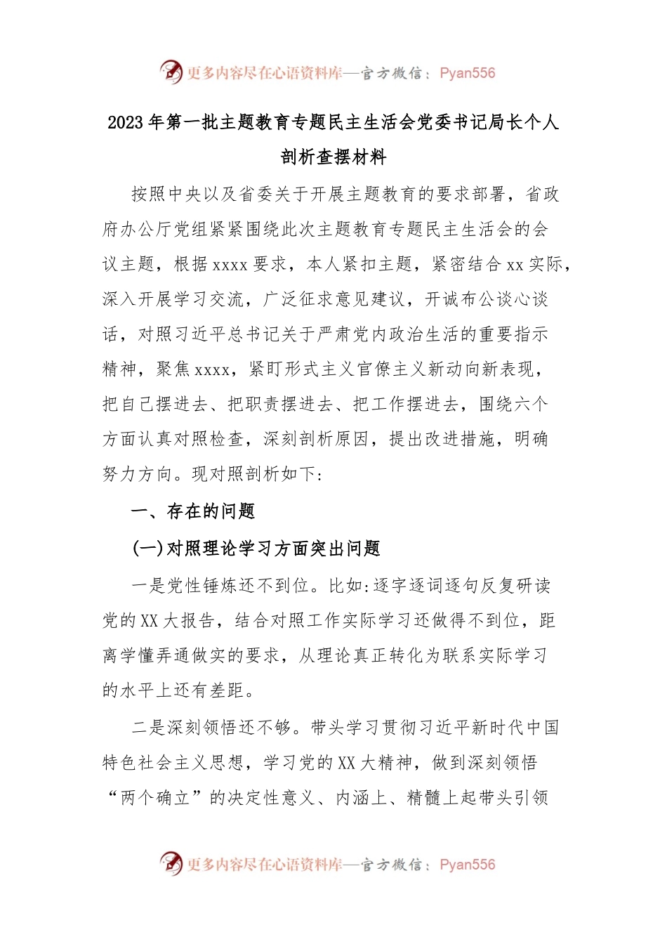 2023年第一批主题教育专题民主生活会党委书记局长个人剖析查摆材料.docx_第1页