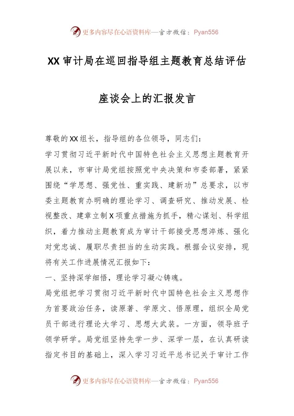 XX审计局在巡回指导组主题教育总结评估座谈会上的汇报发言.docx_第1页