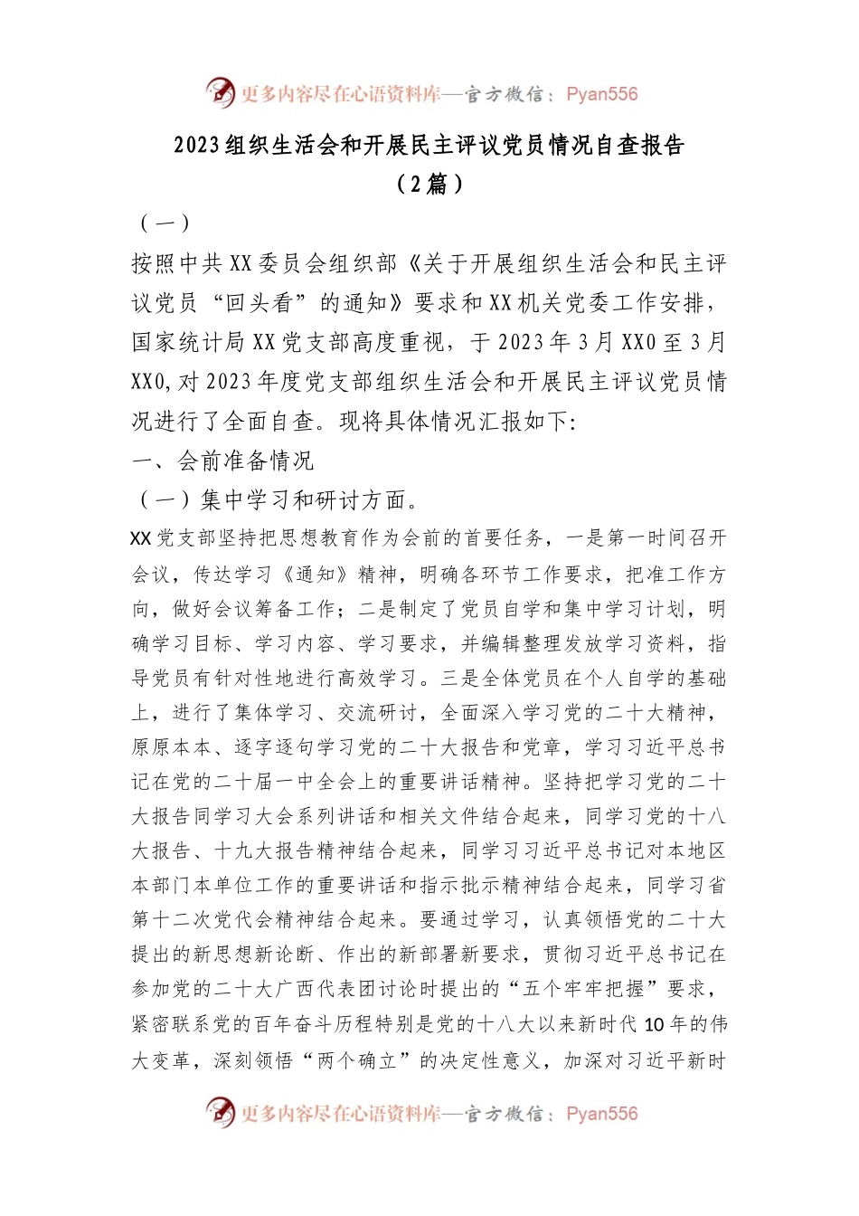 2篇2023组织生活会和开展民主评议党员情况自查报告.docx_第1页