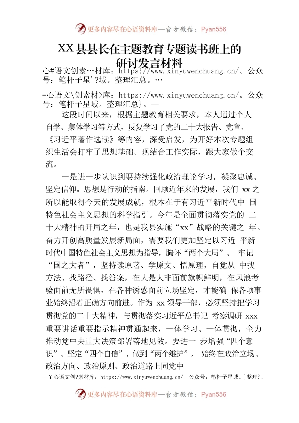 XX县县长在主题教育专题读书班上的研讨发言材料.docx_第1页