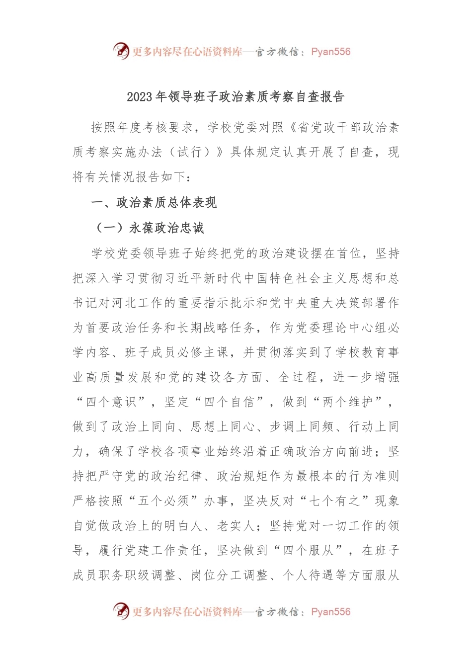 2023年领导班子政治素质考察自查报告.docx_第1页