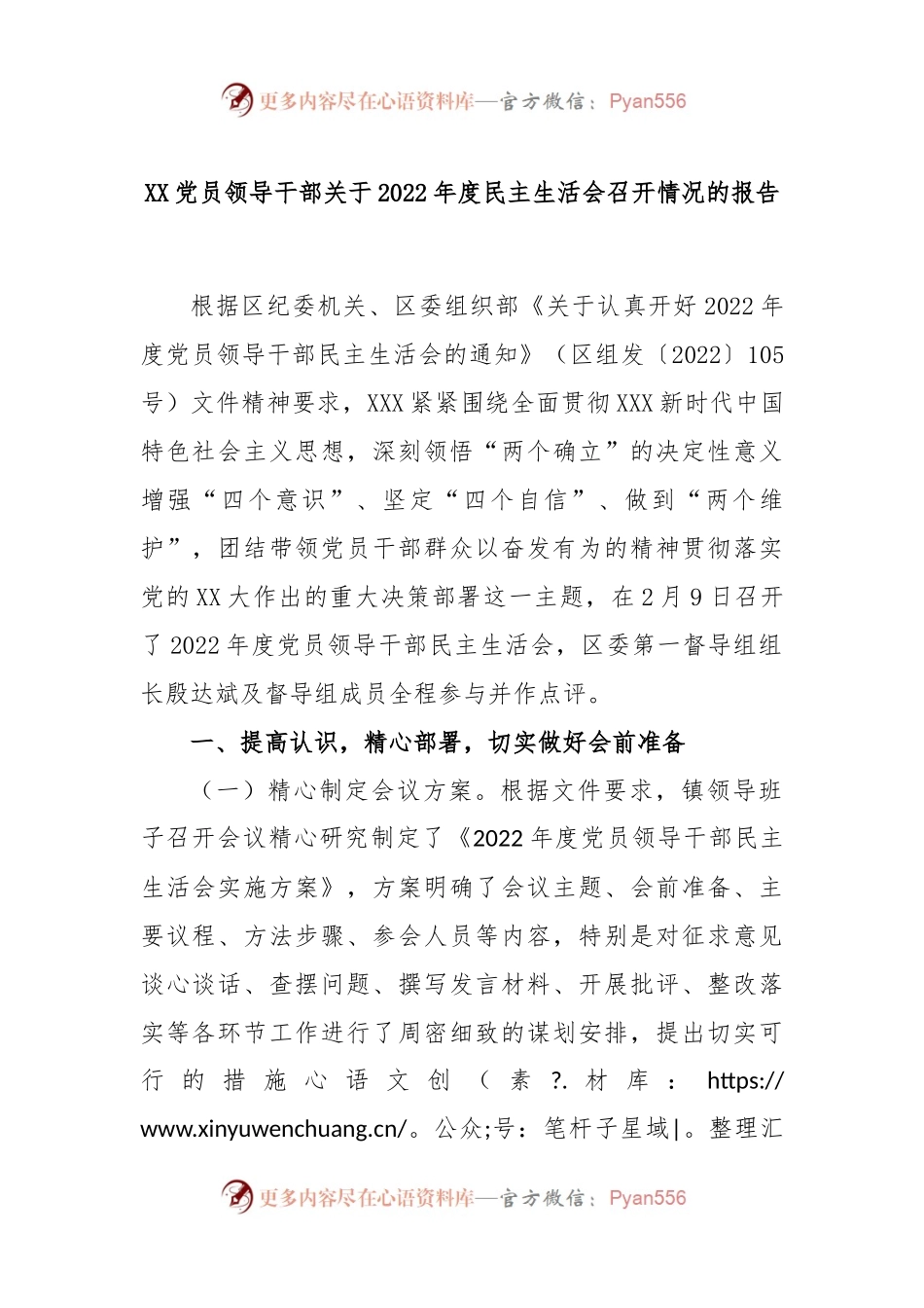 XX党员领导干部关于2022年度民主生活会召开情况的报告.docx_第1页
