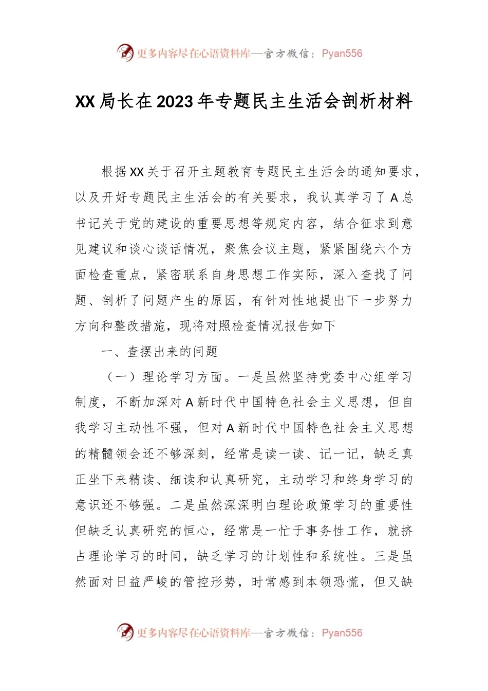 XX局长在2023年专题民主生活会剖析材料.docx_第1页