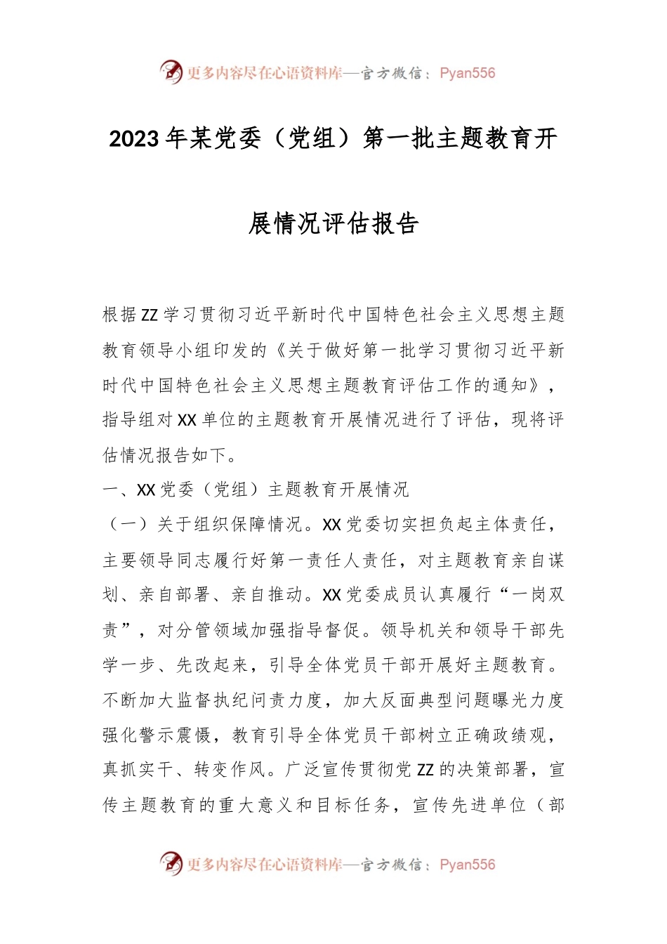 2023年某党委（党组）第一批主题教育开展情况评估报告.docx_第1页