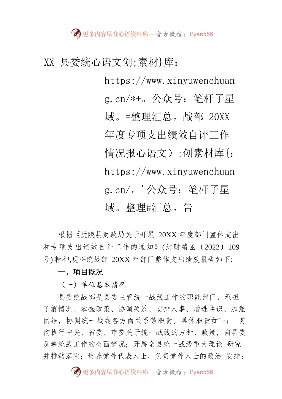 XX县委统战部20XX年度专项支出绩效自评工作情况报告（20220630）.docx_第1页