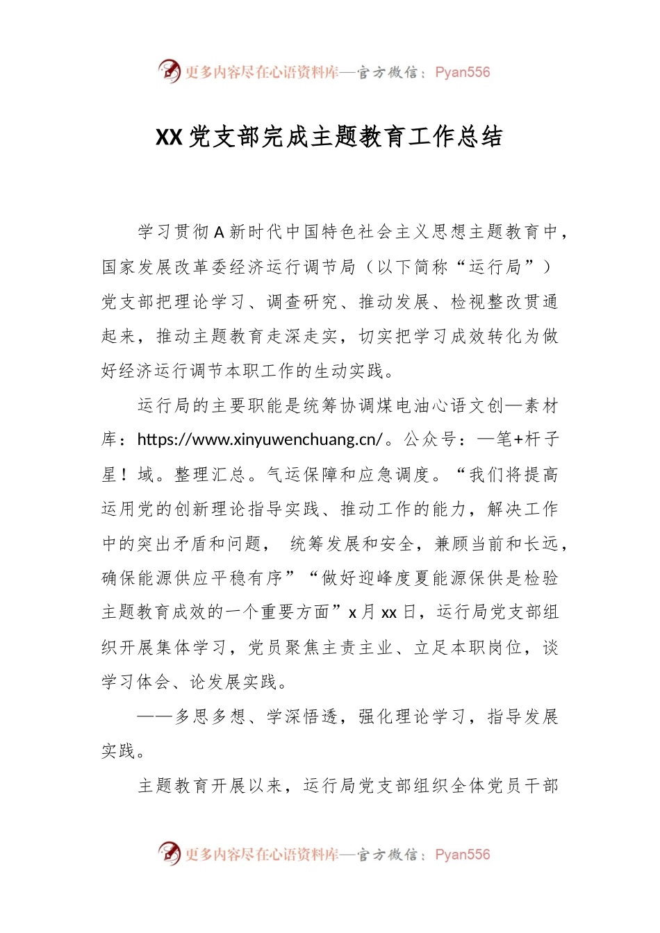 XX党支部完成主题教育工作总结.docx_第1页