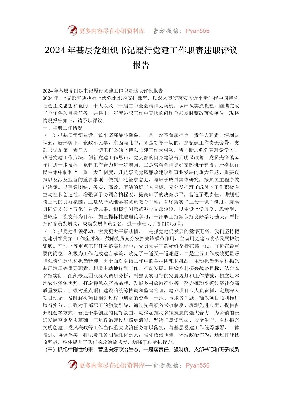 2024年基层党组织书记履行党建工作职责述职评议报告.docx_第1页
