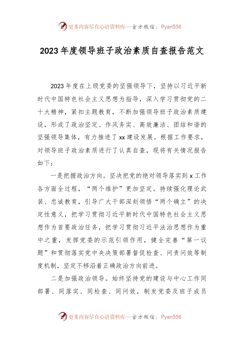 2023年度领导班子政治素质自查报告范文.docx_第1页