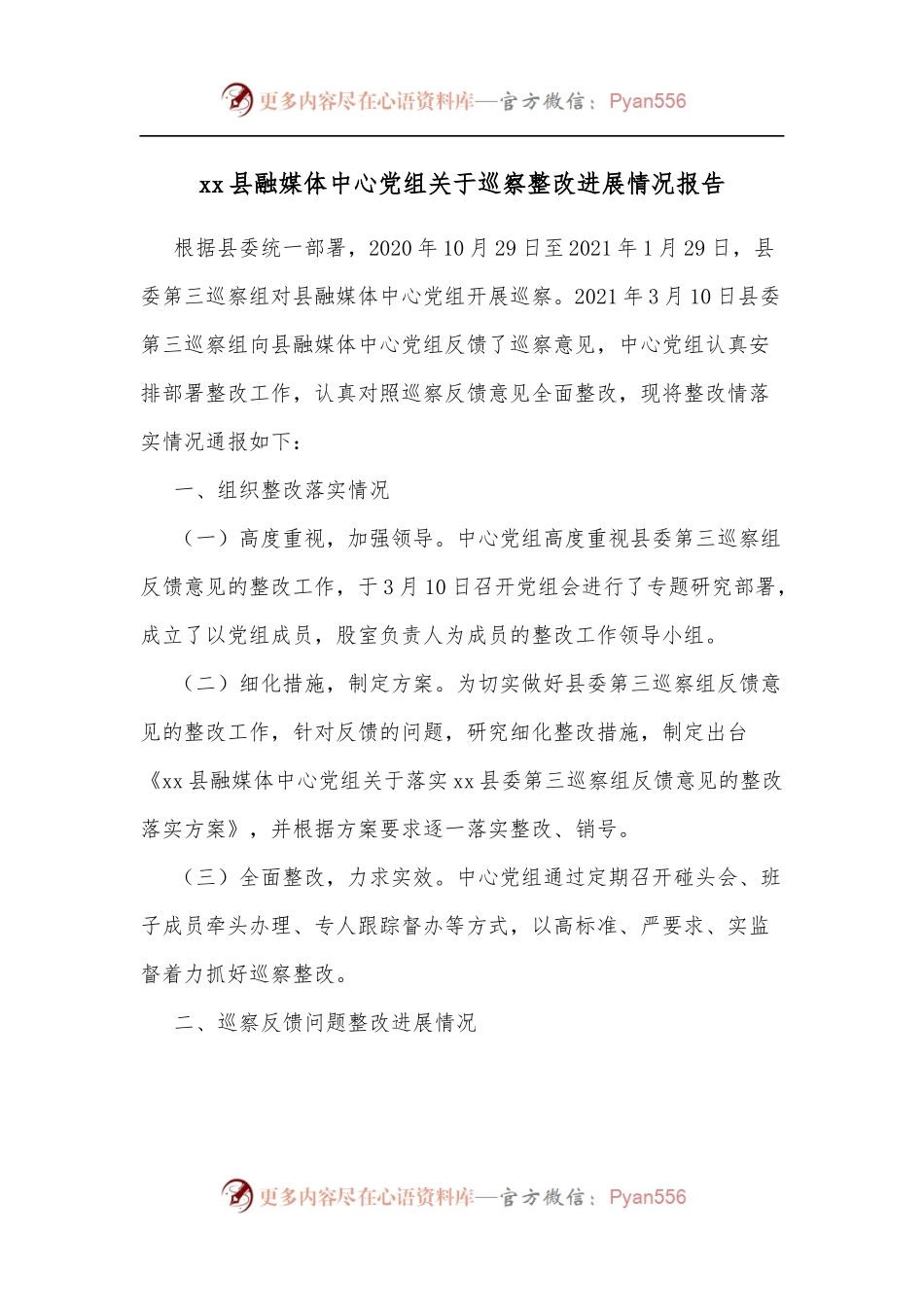 xx县融媒体中心党组关于巡察整改进展情况报告.docx_第1页