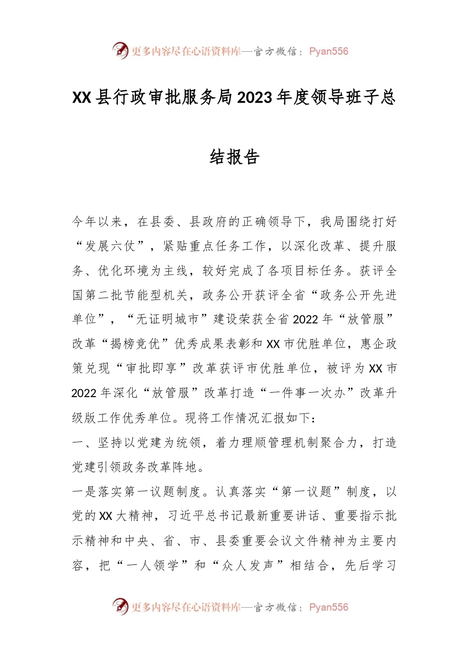 XX县行政审批服务局2023年度领导班子总结报告.docx_第1页
