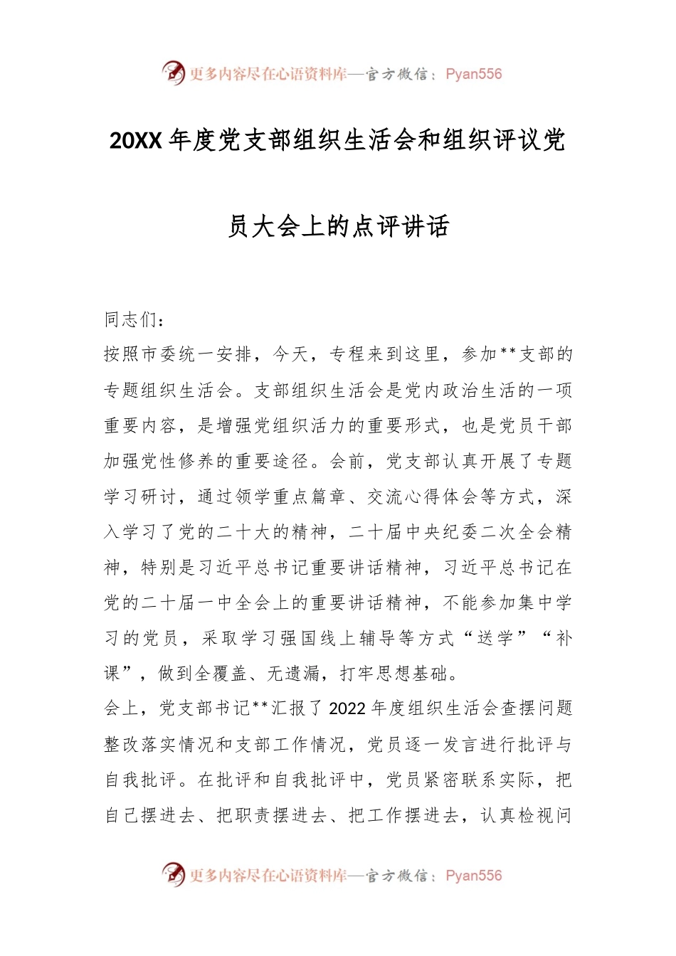 20XX年度党支部组织生活会和组织评议党员大会上的点评讲话.docx_第1页