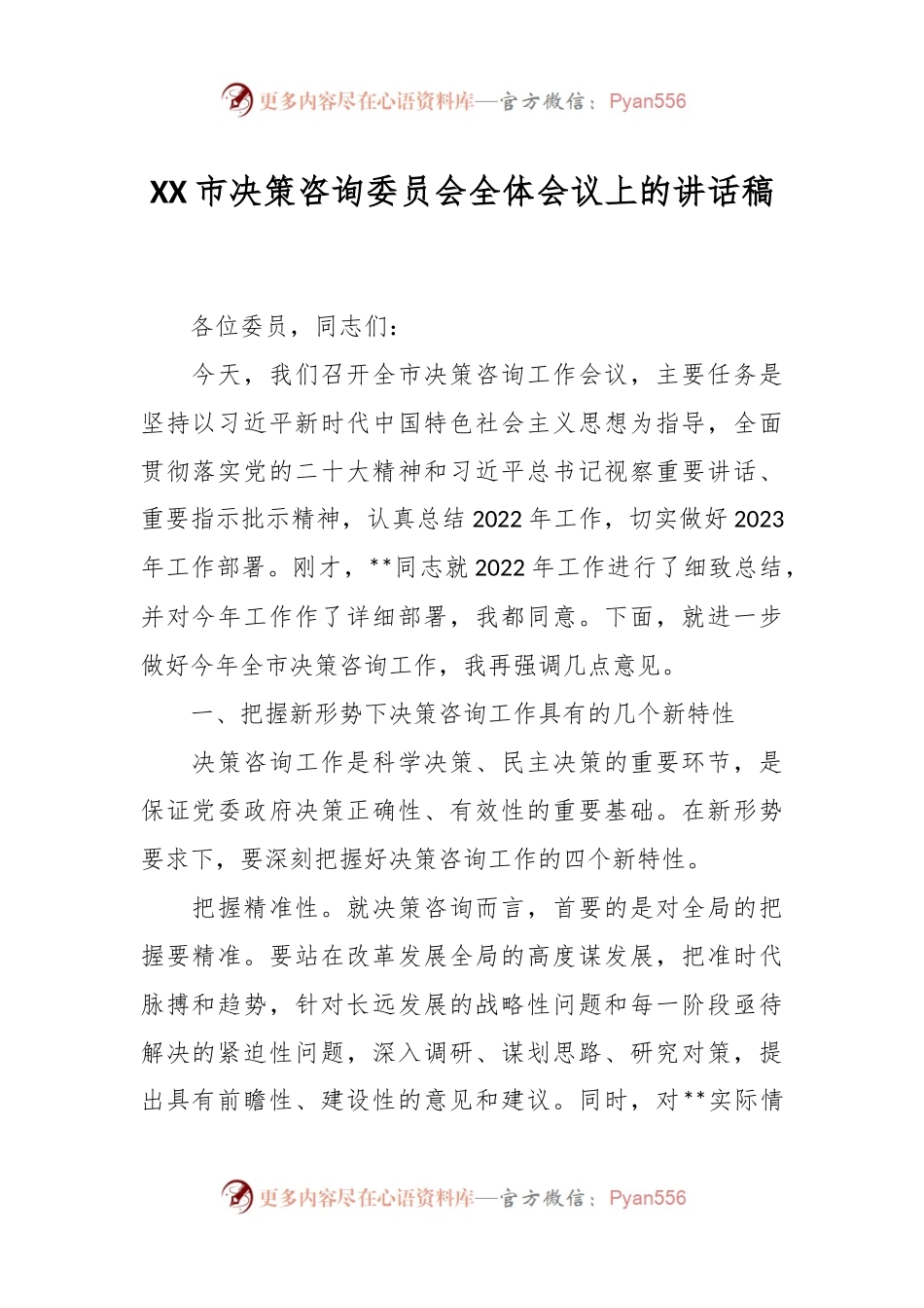 XX市决策咨询委员会全体会议上的讲话稿.docx_第1页
