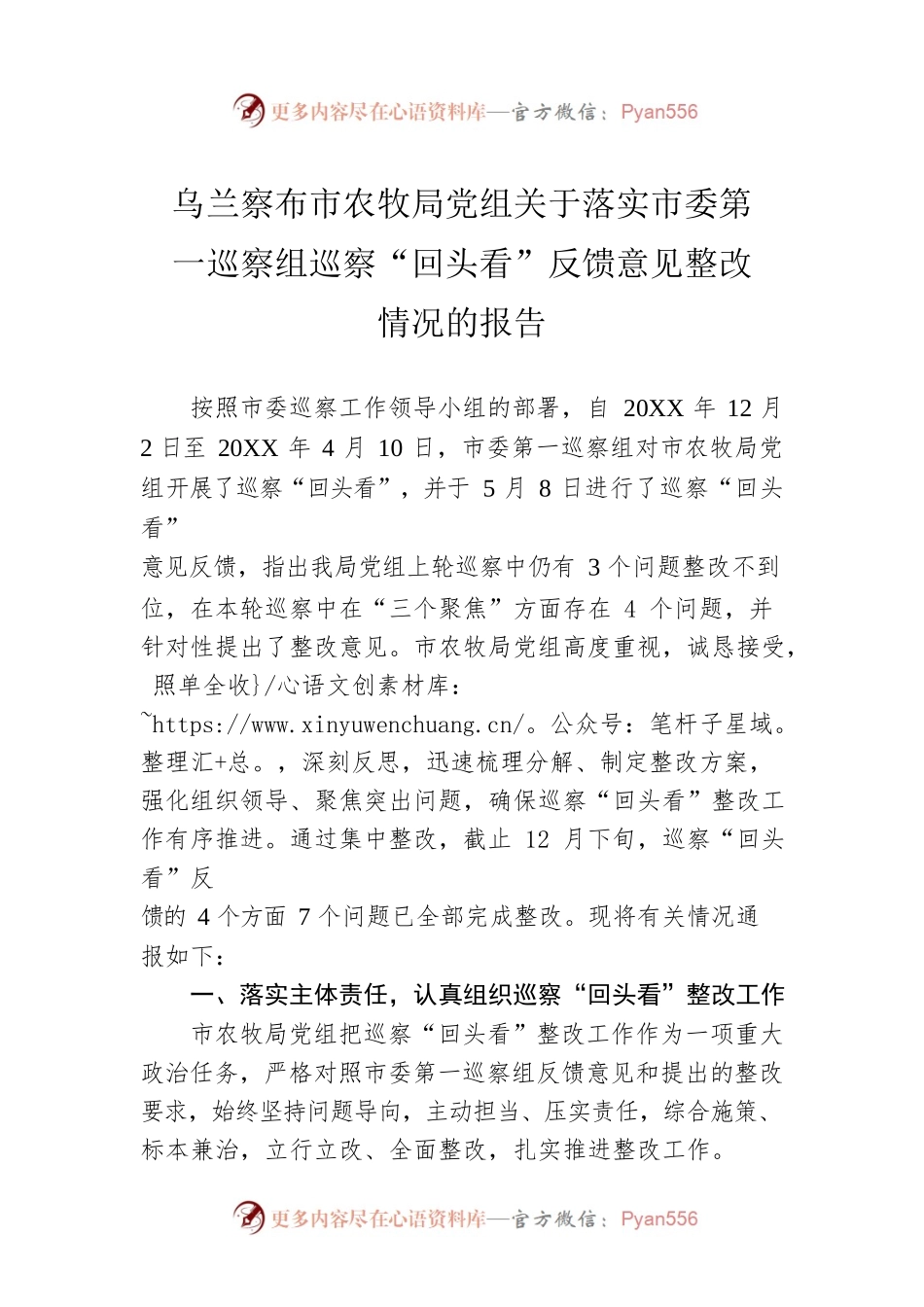 XX市农牧局党组关于落实市委第一巡察组巡察“回头看”反馈意见整改情况的报告.docx_第1页