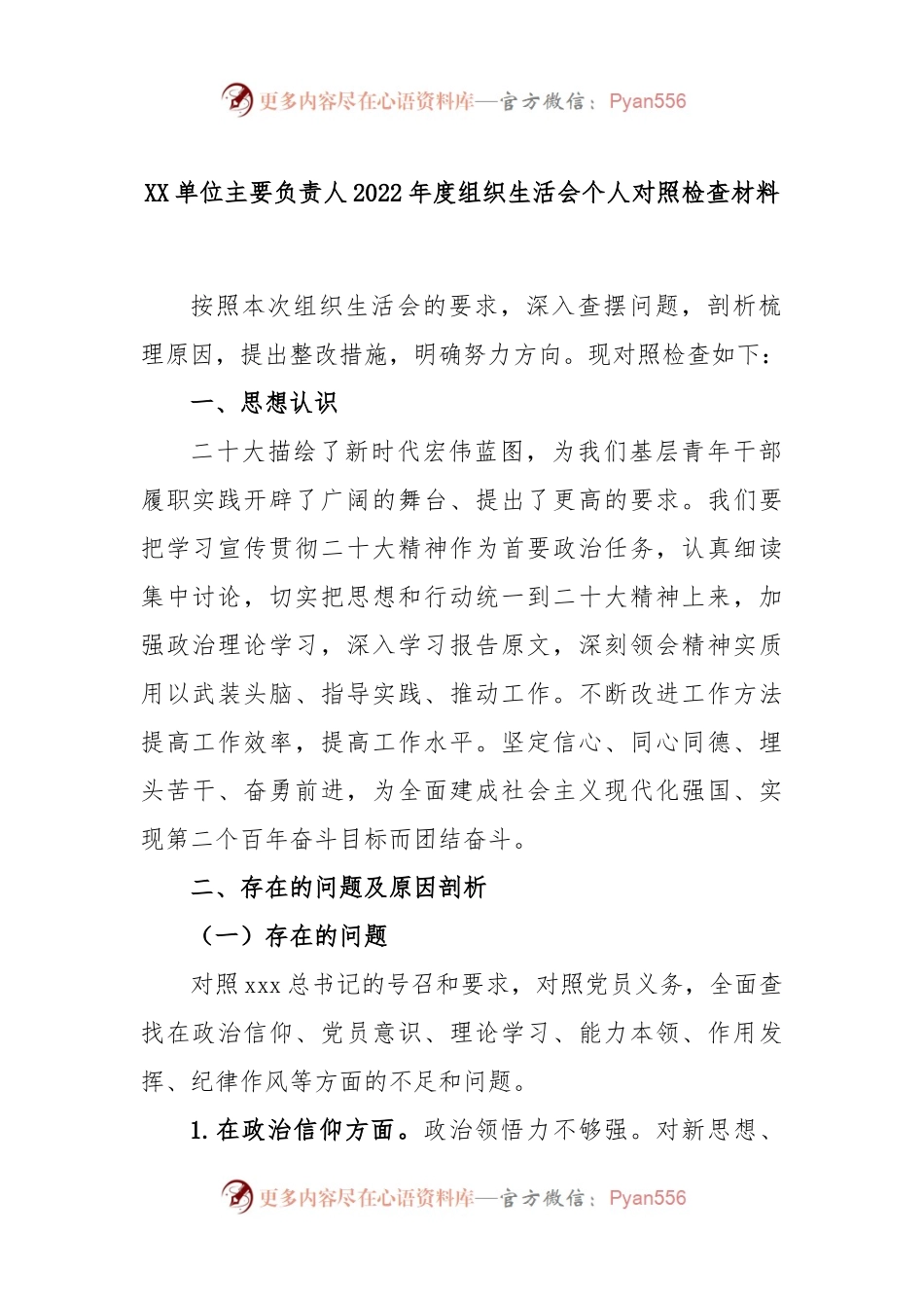 XX单位主要负责人2022年度组织生活会个人对照检查材料.docx_第1页