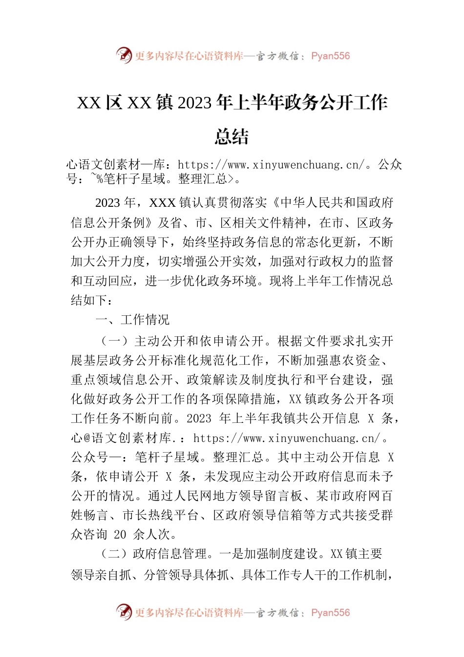 XX区XX镇2023年上半年政务公开工作总结（20230629）.docx_第1页