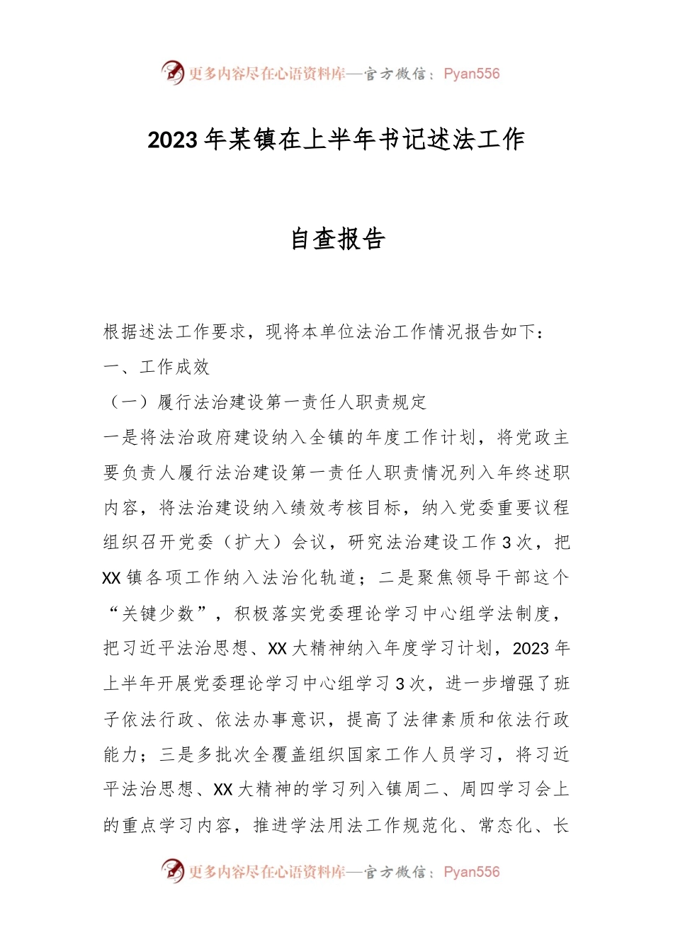 2023年某镇在上半年书记述法工作自查报告.docx_第1页