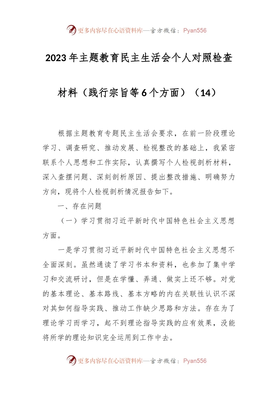 2023年主题教育民主生活会个人对照检查材料（践行宗旨等6个方面）（14）.docx_第1页