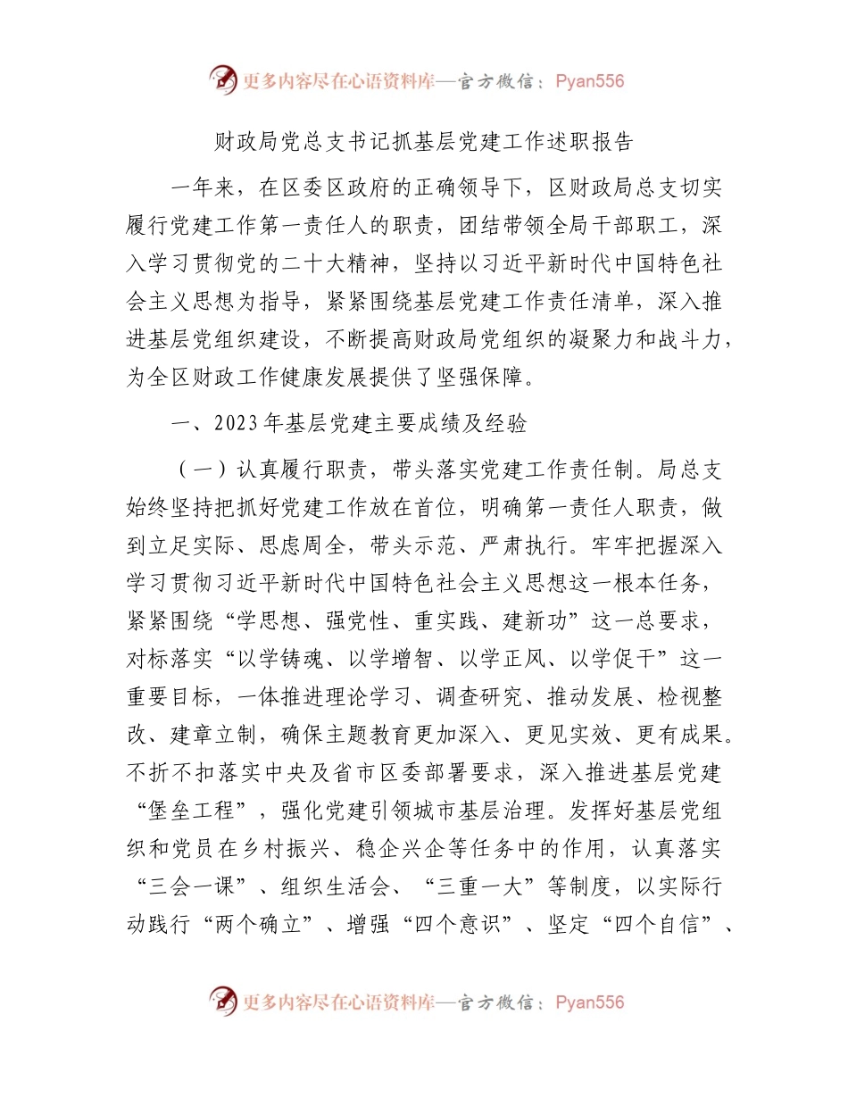 2023年书记抓党建工作述职报告3400字（财政）.docx_第1页