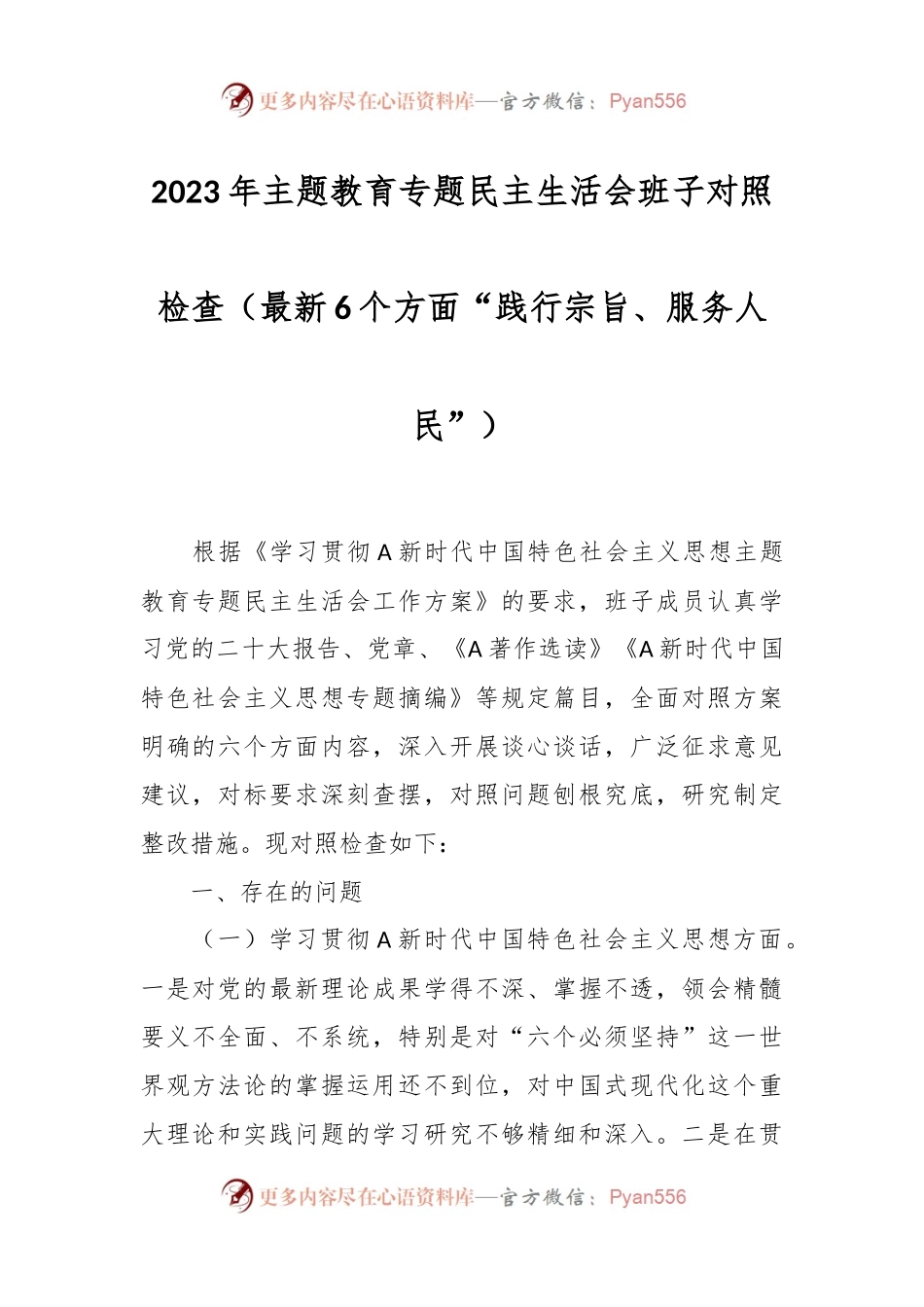 2023年主题教育专题民主生活会班子对照检查（最新6个方面“践行宗旨、服务人民”）.docx_第1页