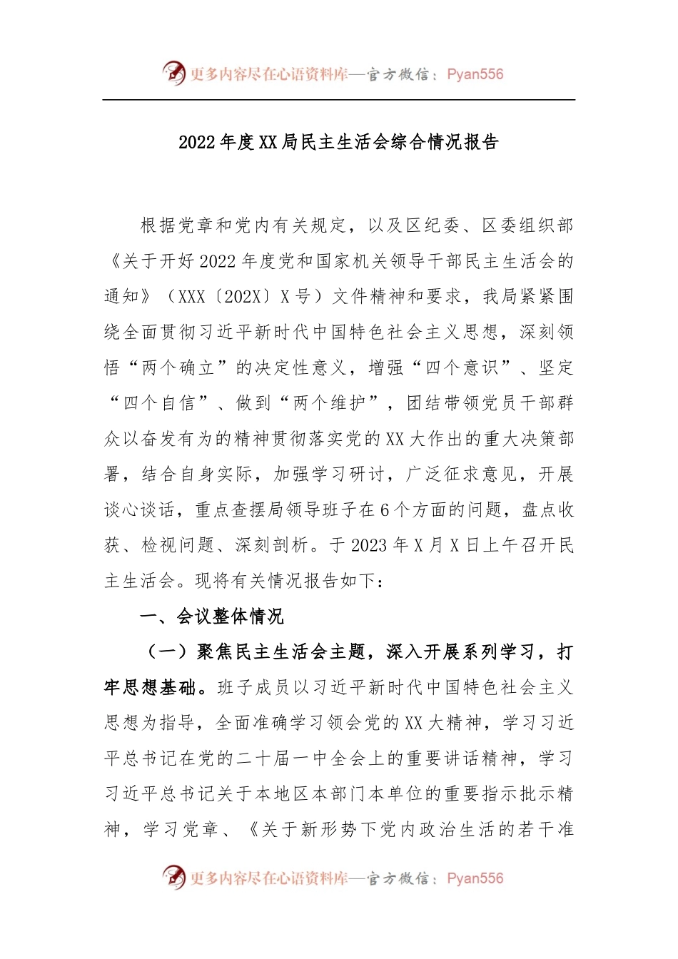 2022年度XX局民主生活会综合情况报告.docx_第1页
