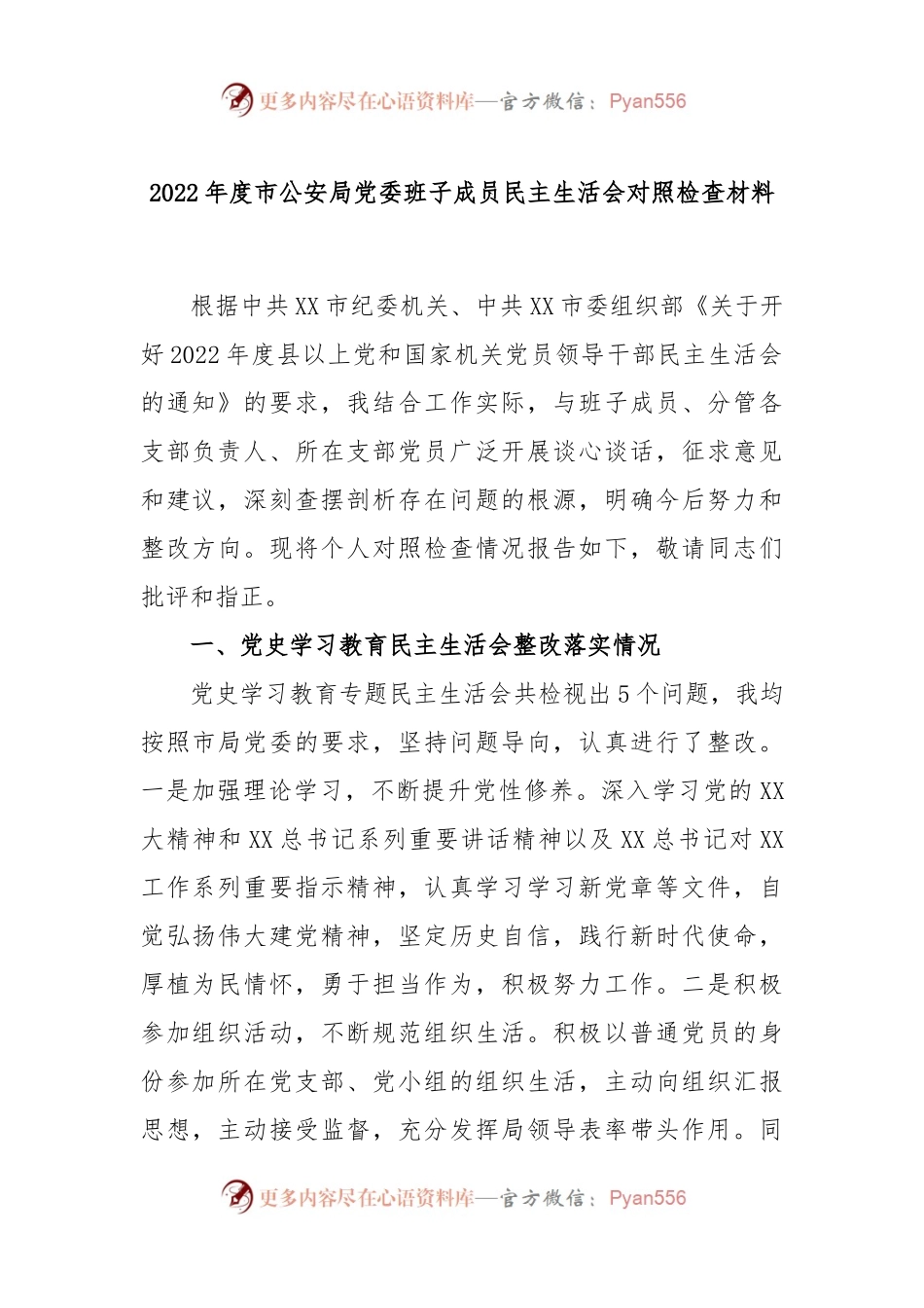 2022年度市公安局党委班子成员民主生活会对照检查材料.docx_第1页