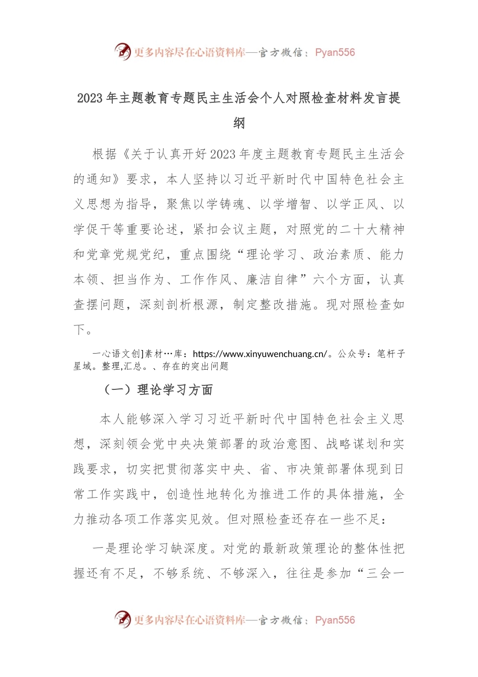 2023年主题教育专题民主生活会个人对照检查材料发言稿提纲.docx_第1页