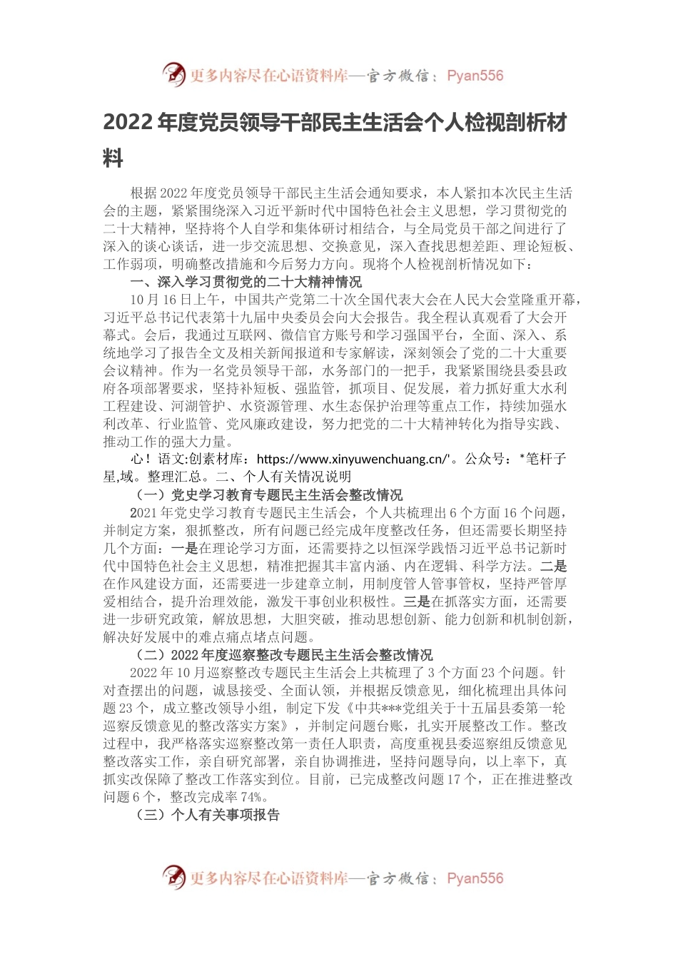 2022年度党员领导干部民主生活会个人检视剖析材料.docx_第1页
