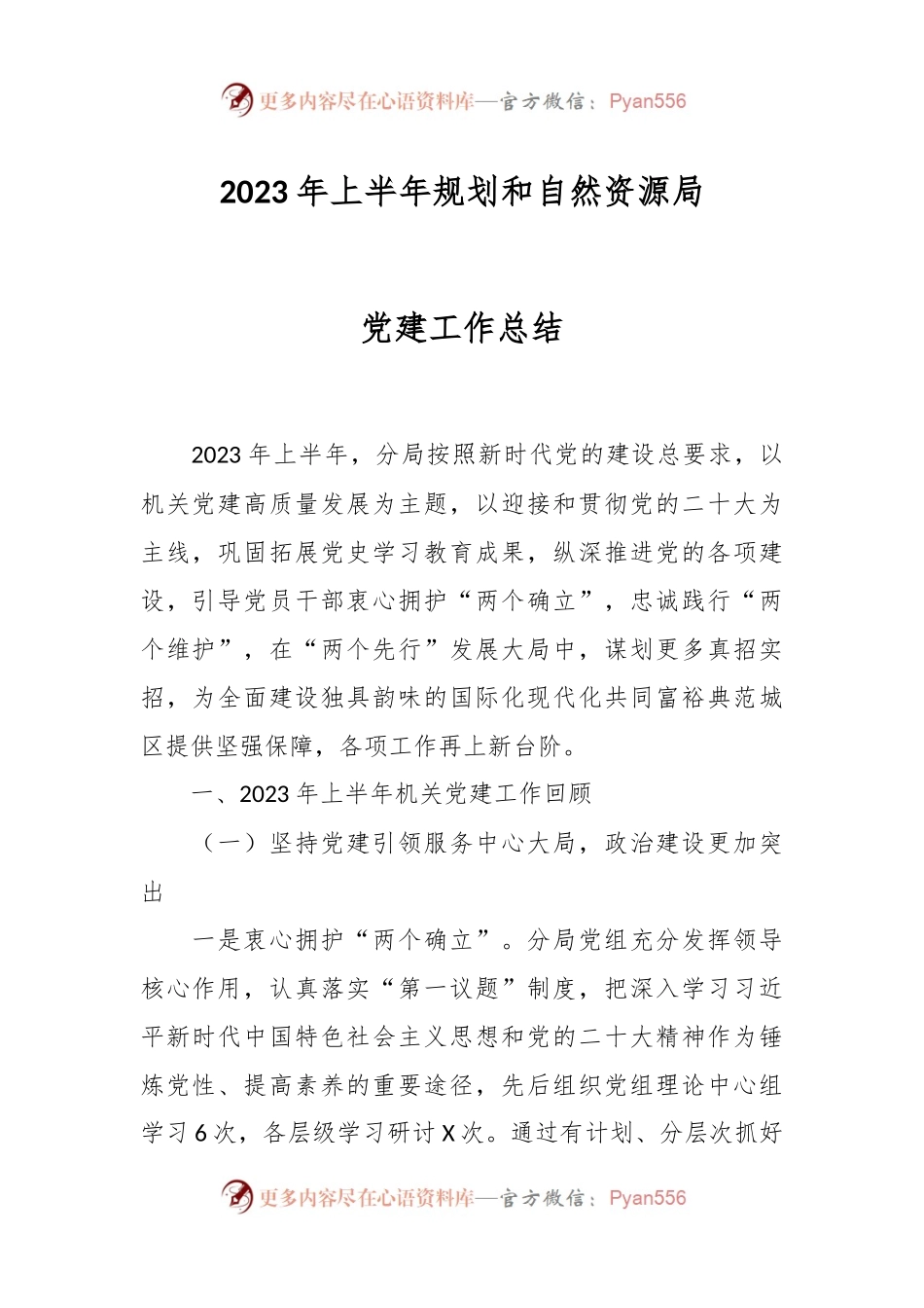 2023年上半年规划和自然资源局党建工作总结.docx_第1页