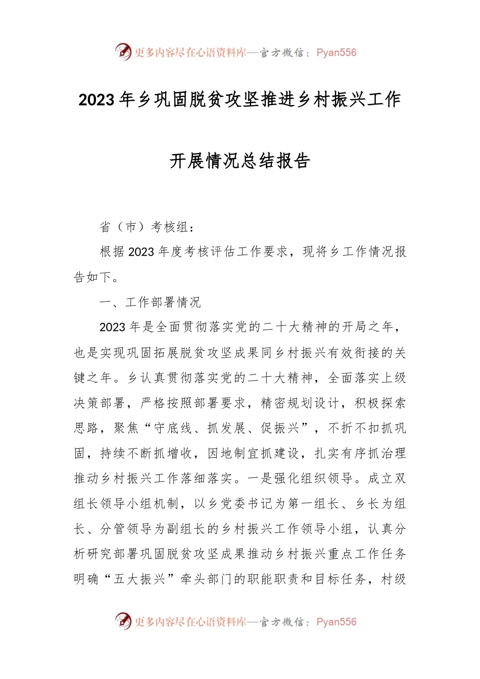 2023年乡巩固脱贫攻坚推进乡村振兴工作开展情况总结报告.docx_第1页
