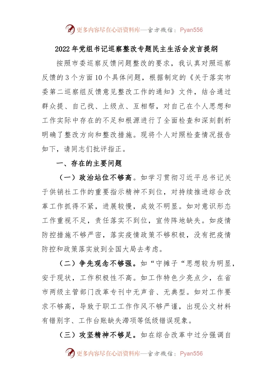 2022年党组书记巡察整改专题民主生活会发言提纲.docx_第1页