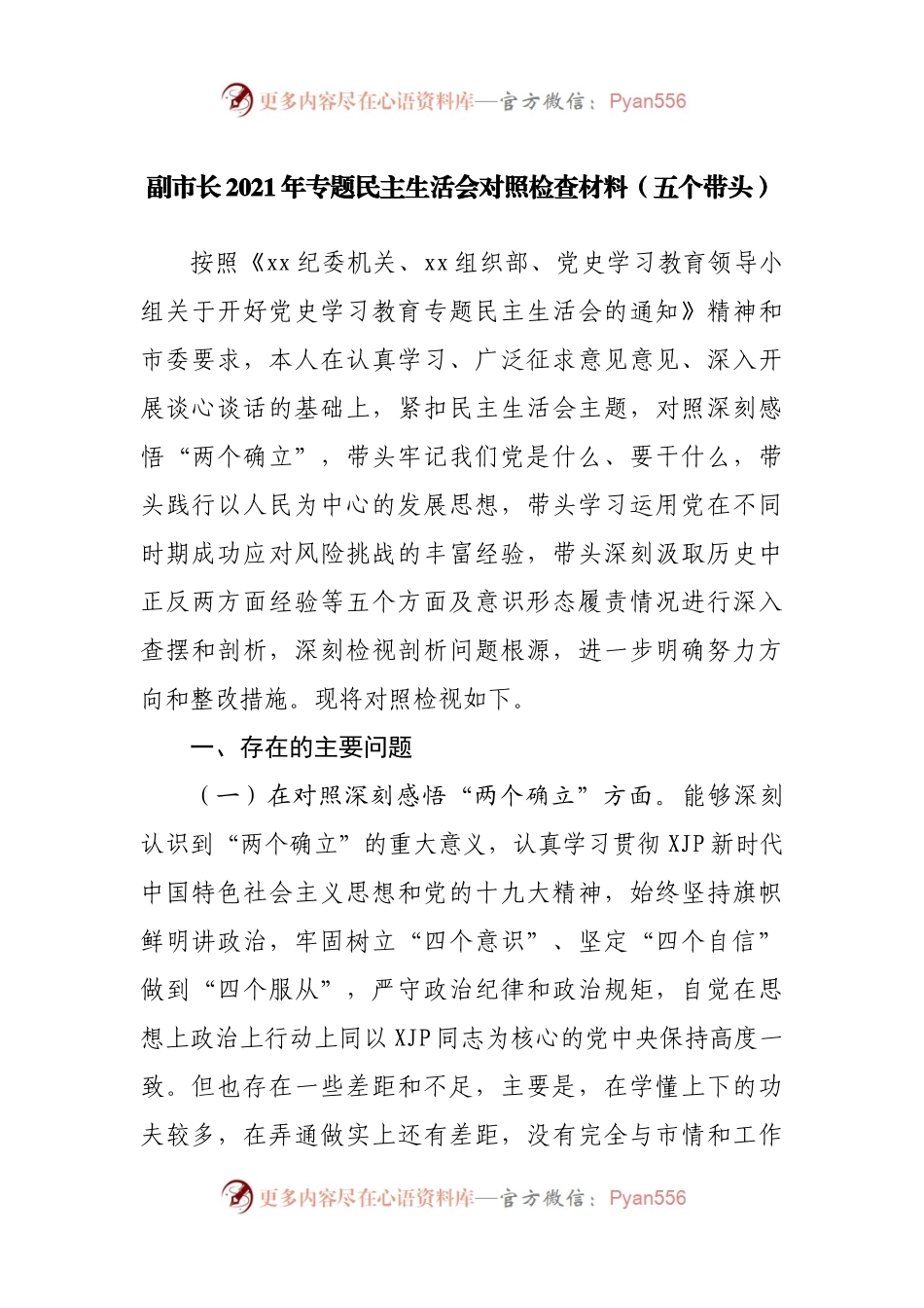 02个人2021年专题民主生活会对照检查材料（政府副职）.docx_第1页