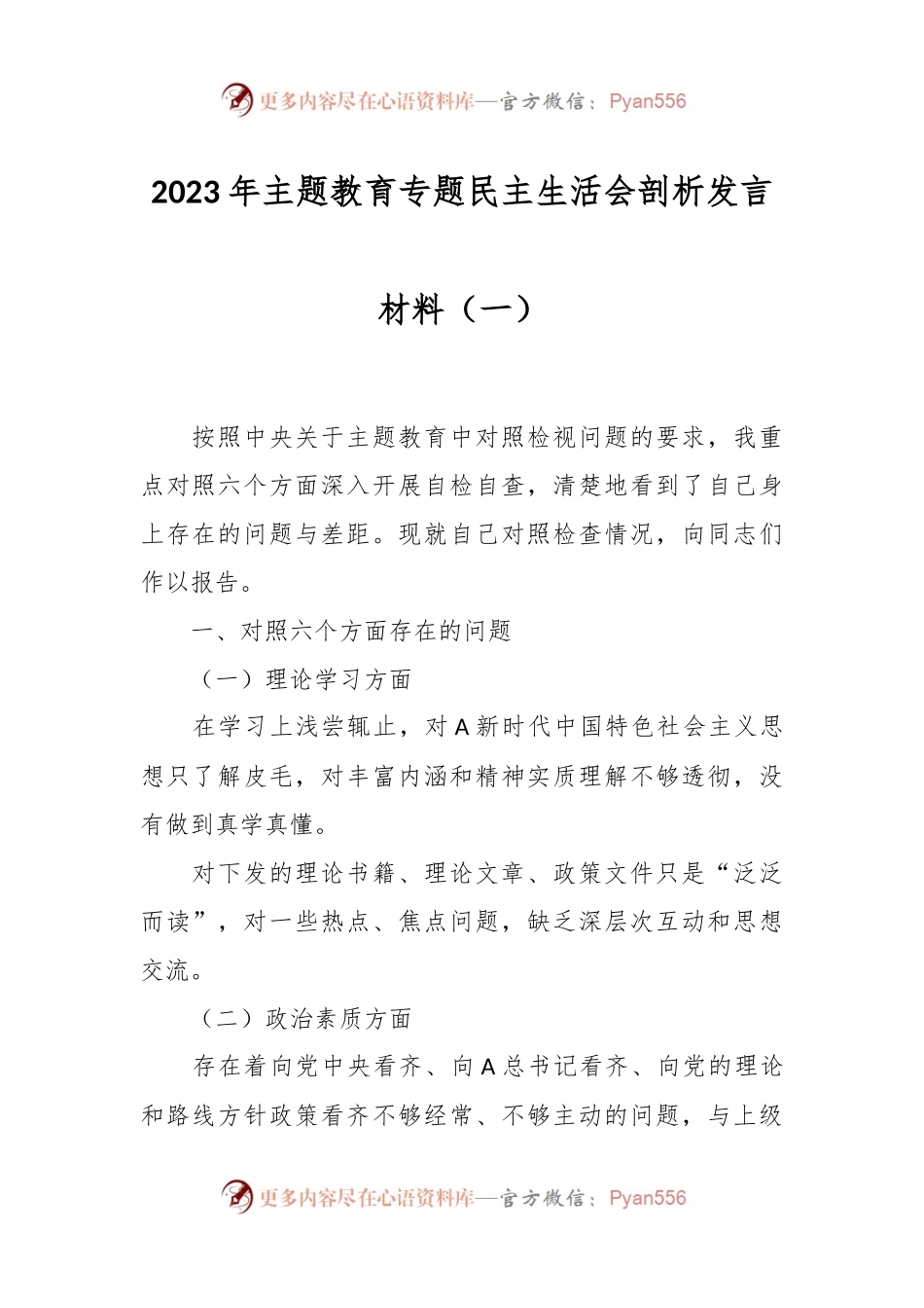 2023年主题教育专题民主生活会剖析发言材料（一）.docx_第1页