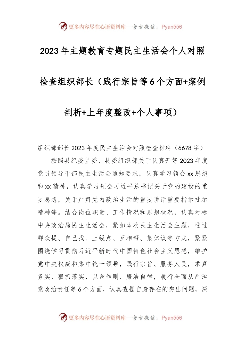 2023年主题教育专题民主生活会个人对照检查 组织部长（践行宗旨等6个方面+案例剖析+上年度整改+个人事项）.docx_第1页