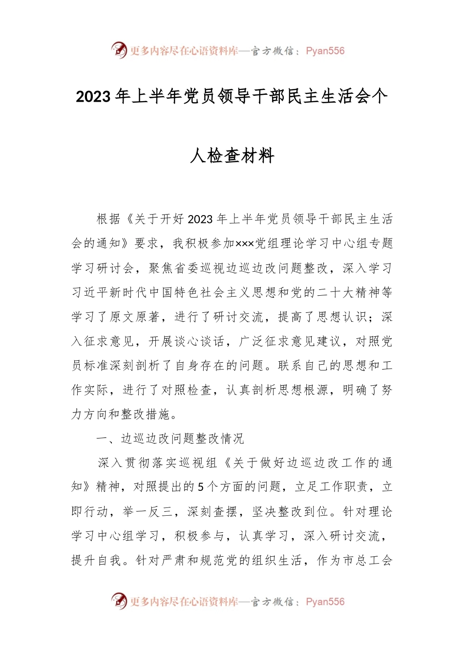 2023年上半年党员领导干部民主生活会个人检查材料.docx_第1页