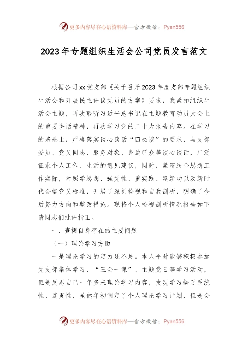 2023年专题组织生活会公司党员发言稿范文.docx_第1页