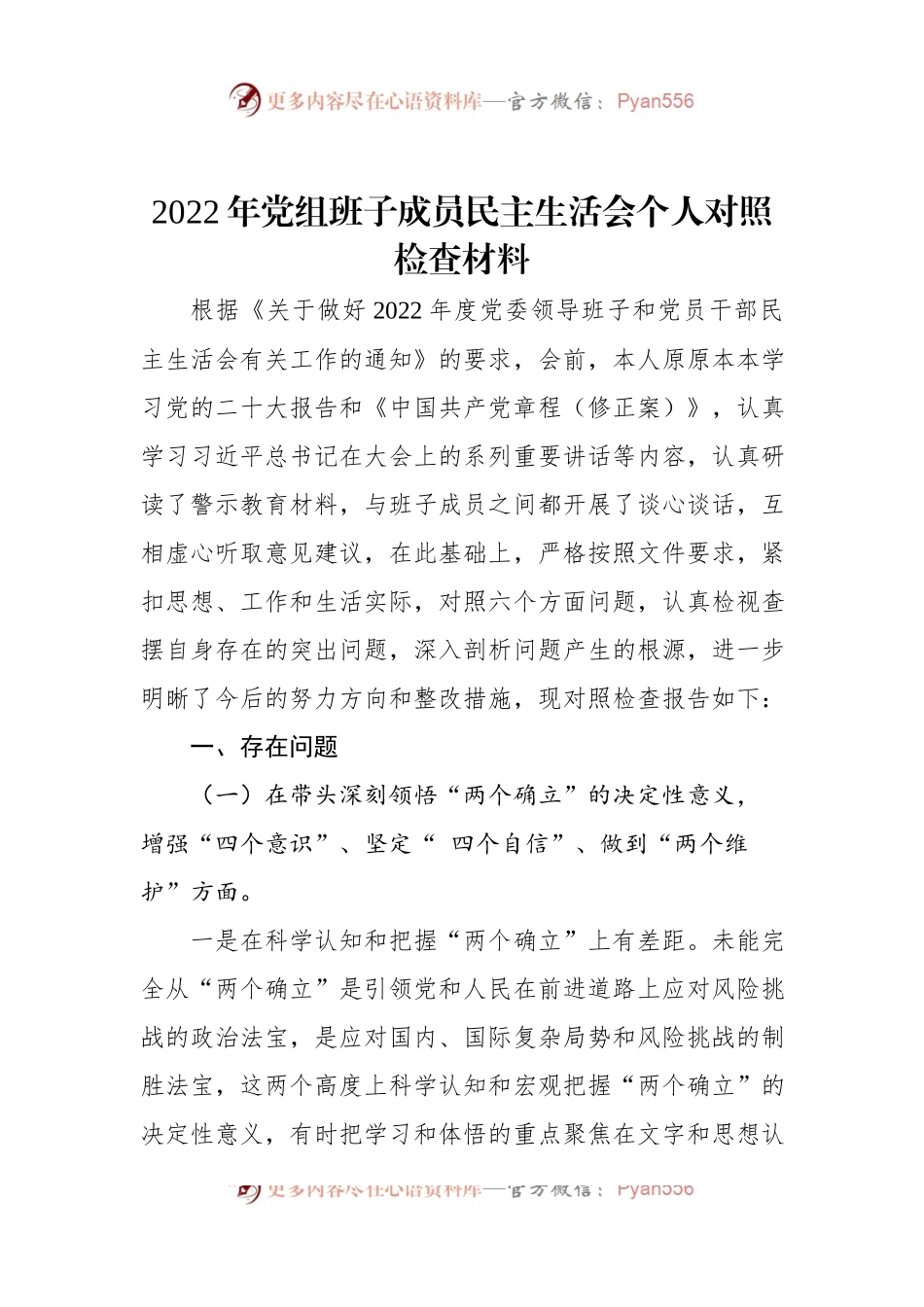 2022年党组班子成员民主生活会个人对照检查材料.docx_第1页