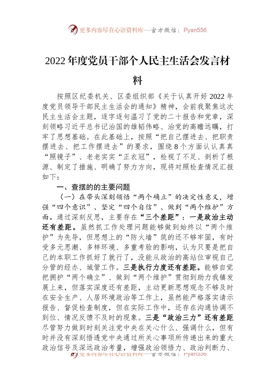 2022年度党员干部个人民主生活会发言材料.docx_第1页