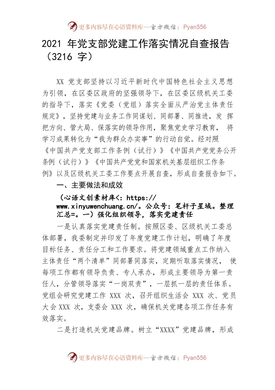 2021年党支部党建工作落实情况自查报告.docx_第1页
