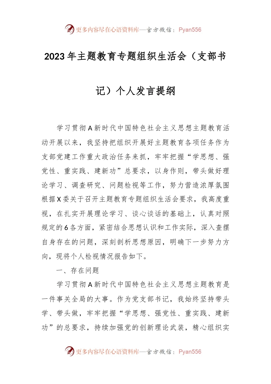 2023年主题教育专题组织生活会 （支部书记）个人发言提纲.docx_第1页